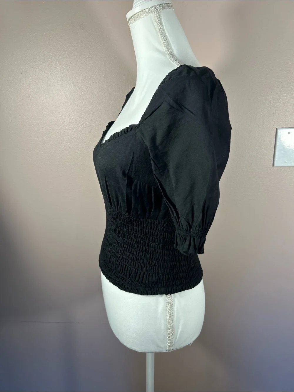 Abercrombie & Fitch Black Smocked Square Neck Puff Sleeve Top
